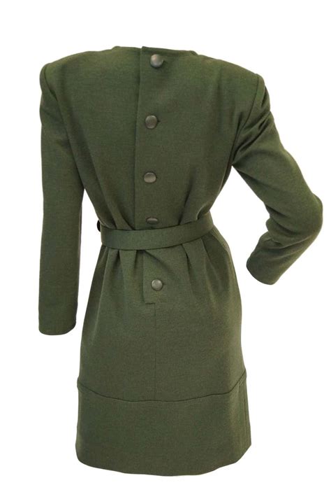 1980s Givenchy Couture Olive Green Wool Button Back Dress